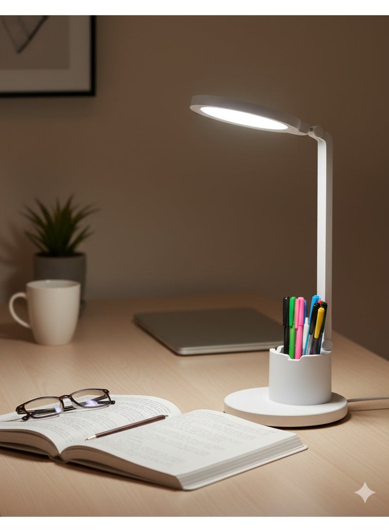 مصباح مكتب LED قابل لإعادة الشحن – إضاءة قابلة للتعديل بثلاثة مستويات سطوع – مصباح مكتبي لحماية العين مع حامل هاتف وأقلام – مثالي للدراسة والعمل - Image 1